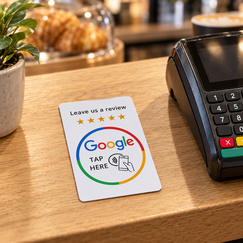 AI-genererad miljöbild av Google-recensionskortet på en träkassa bredvid en betalterminal.